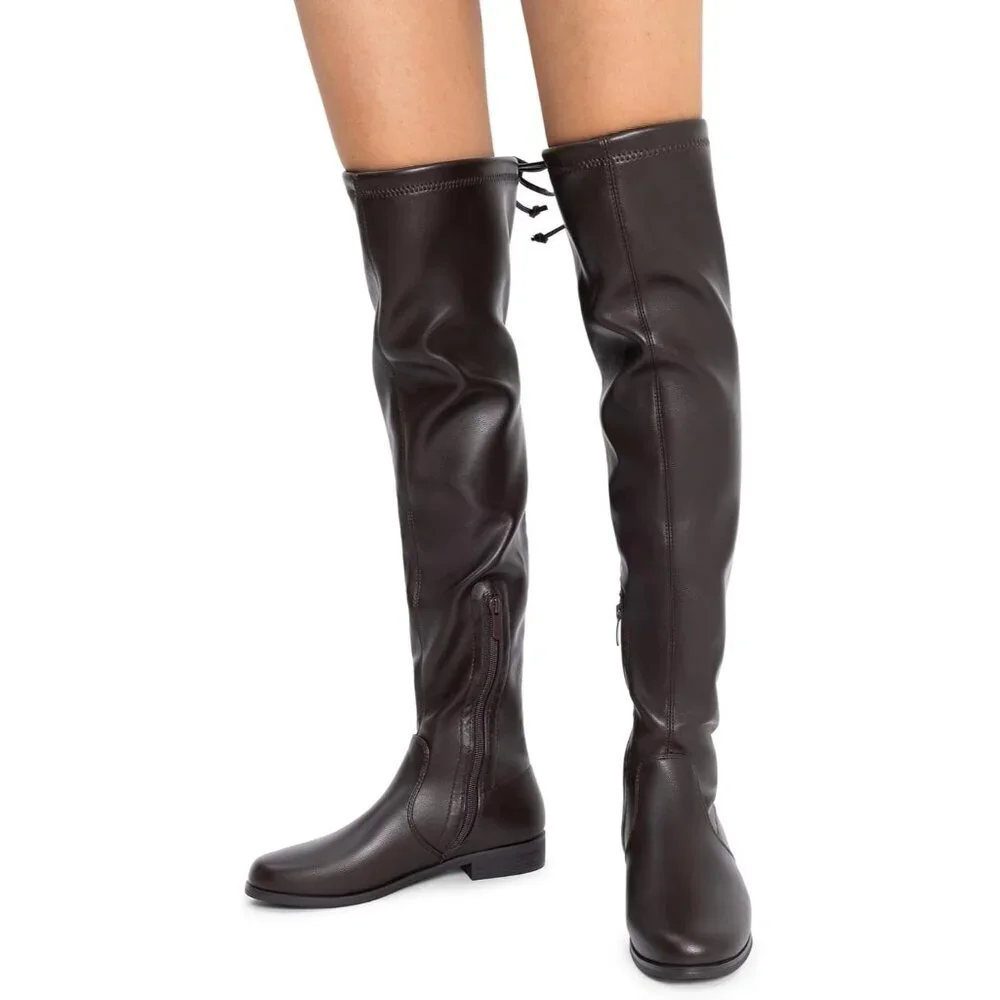 🆕Women's Brown-pu Thigh High Low Block Heel Casual Fashion Over the Knee Boots